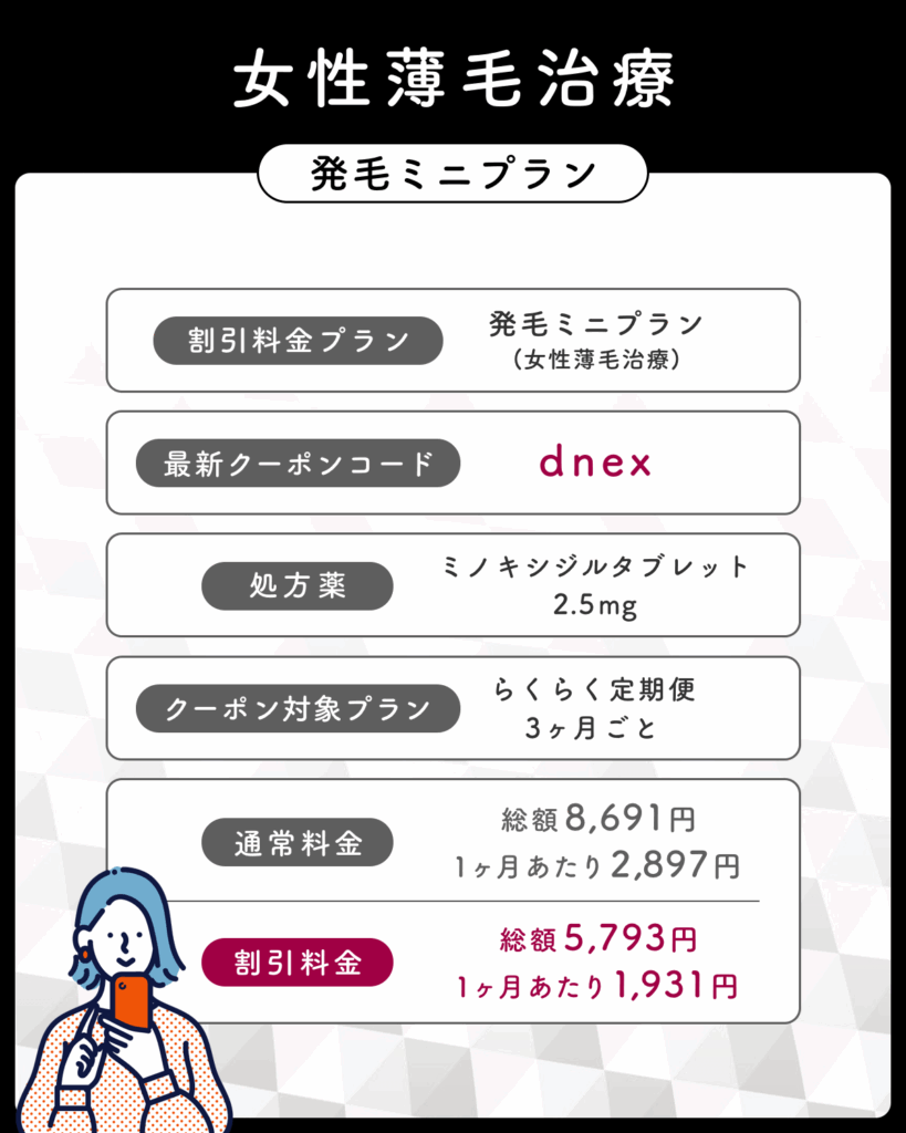 DMMオンラインクリニックの女性薄毛治療クーポンコード一覧プラン